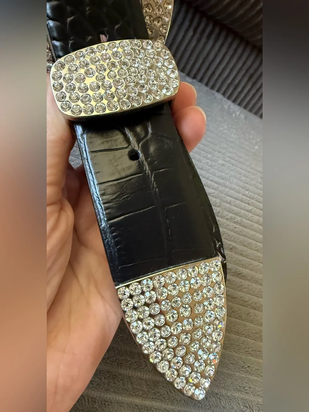 Lake Shore Drive Women's Black Leather Belt Rhinestone Embellished Silver Buckle